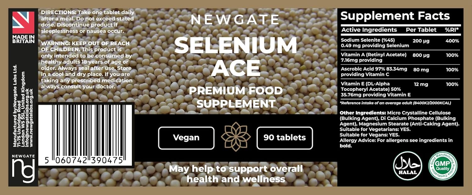 Selenium ACE 90 Vegan Tablets - Premium Nutritional Supplement - With Vitamin A, C and E - Immunity Support & Thyroid Health - Halal - Made in the UK - GMP Certified : Amazon.co.uk: Health & Personal Care