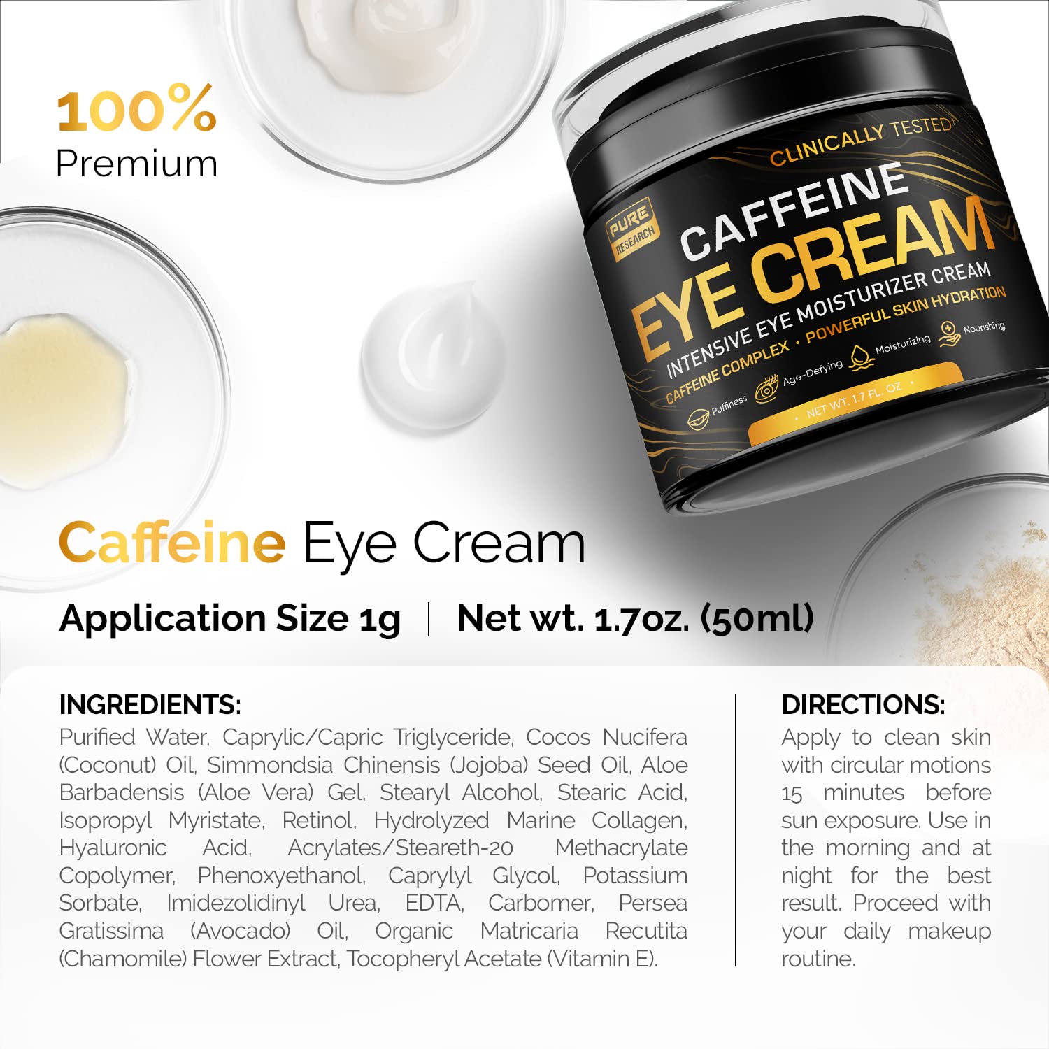 Caffeine Eye Cream For Anti Aging, Dark Circles, Bags, Puffiness. Great Under Eye Skin + Face Tightening, Eye Lift Treatment For Men & Women 1.7oz : Beauty & Personal Care