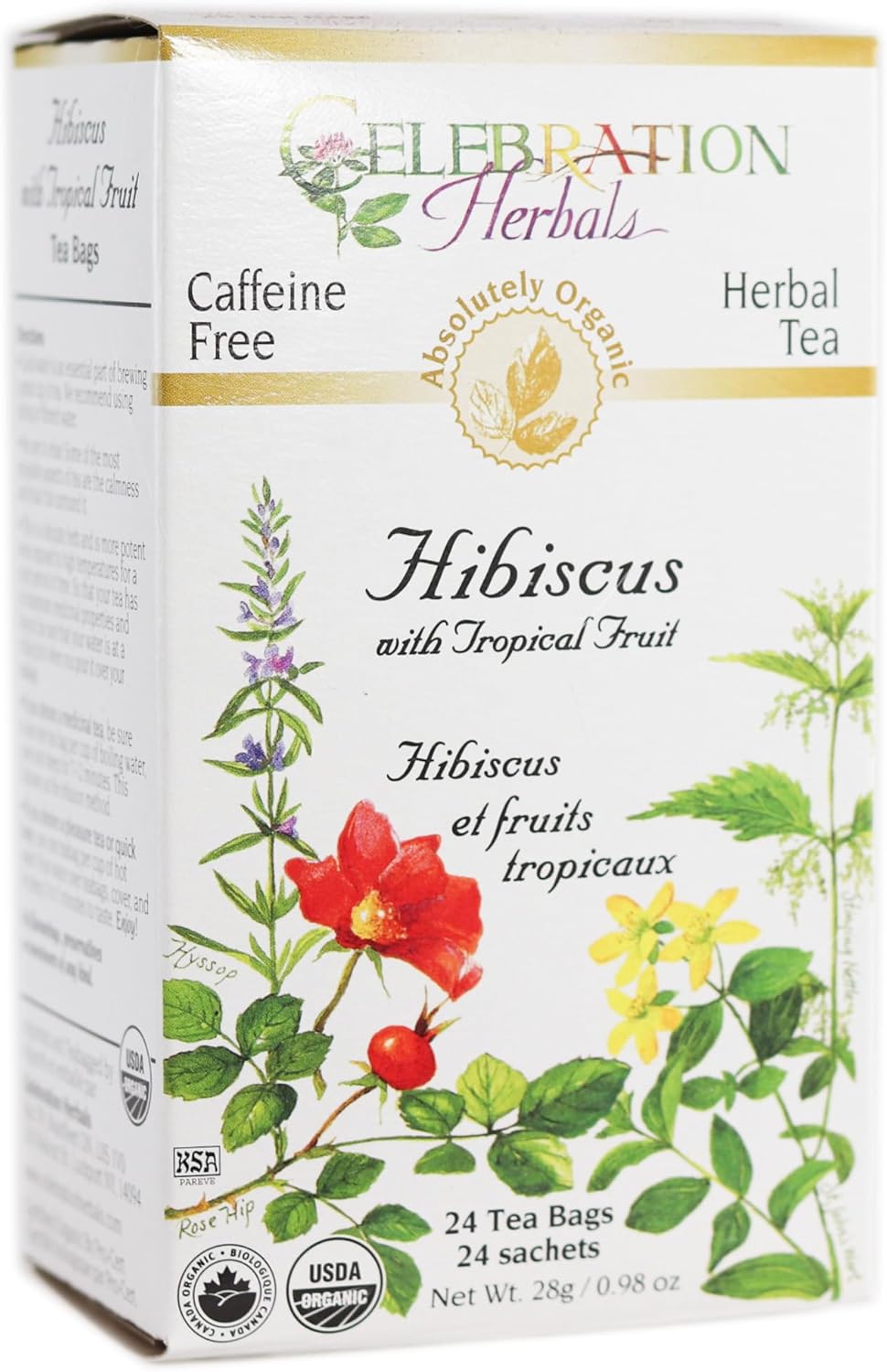 Celebration Herbals Organic Hibiscus With Tropical Fruit Tea Caffeine Free -- 24 Tea Bags 28G