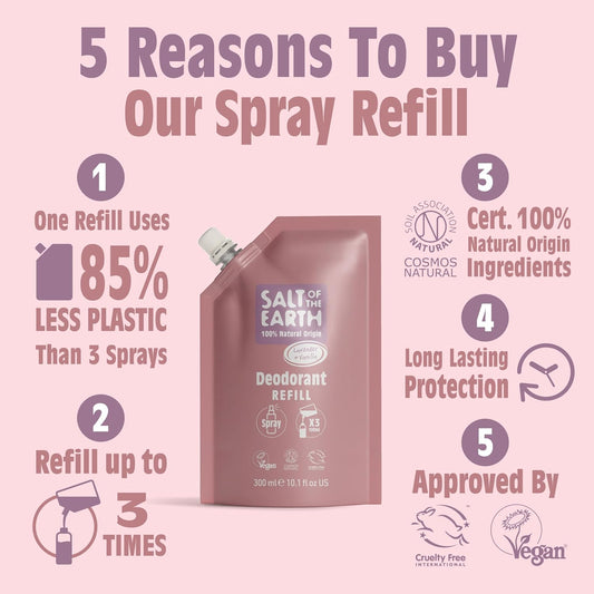 Salt Of The Earth - Natural Deodorant Spray Refill Pouch, X3 Uses - Unscented - Vegan, Long Lasting Protection, Leaping Bunny Approved, Made In The Uk - 300Ml