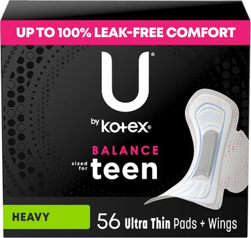 U By Kotex Balance Sized For Teens Ultra Thin Pads With Wings, Heavy Absorbency, 56 Count (4 Packs Of 14) (Packaging May Vary)