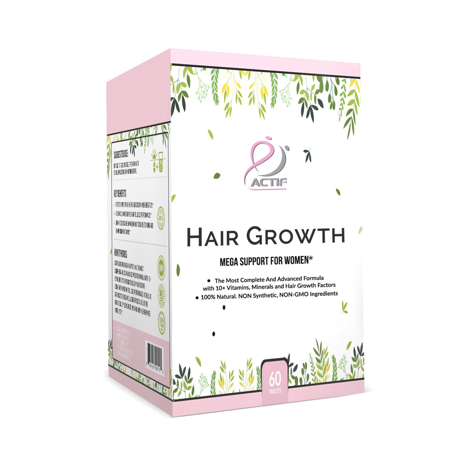 Actif Hair Growth For Women Mega Support 10+, Non-Gmo, Stops 99% Hair Loss, Made In Usa, 60 Count