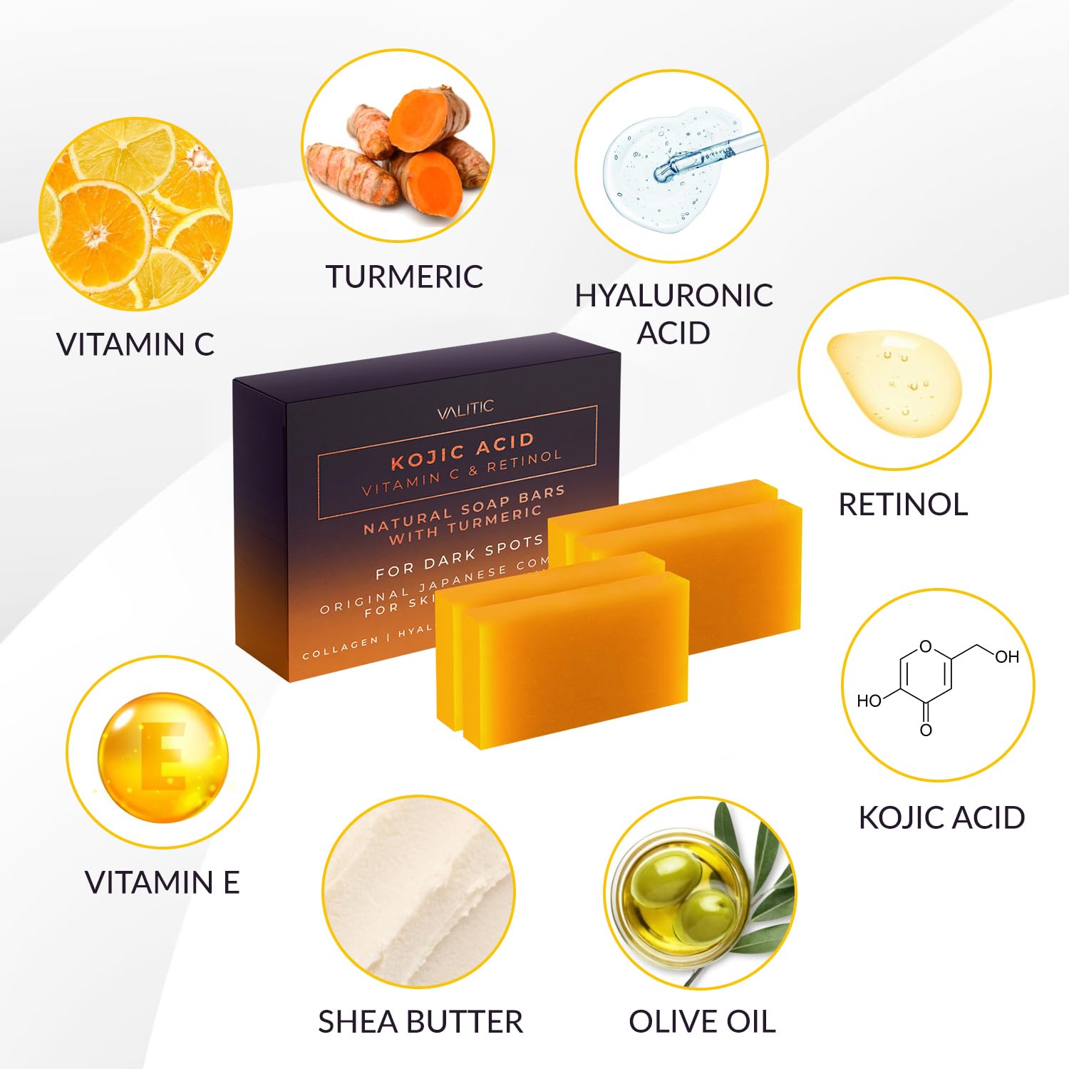 VALITIC Kojic Acid Vitamin C and Retinol Soap Bars with Turmeric for Dark Spot - Original Japanese Complex with Collagen, Hyaluronic Acid, Vitamin E (4 Pack) - with Soap Holder : Beauty & Personal Care