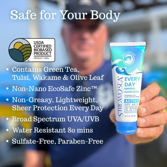 SPF 45 Every Day Active Mineral Sunscreen | 2.5 Fl Oz Biodegradable & Reef Safe Sunscreen for Face & Body | Non-Greasy, Lightweight & Sheer Mineral Protection Against UVA & UVB by Stream2Sea