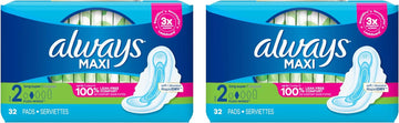 Always Maxi Unscented Pads with Wings, Long/Super 32 Count (Pack of 2)