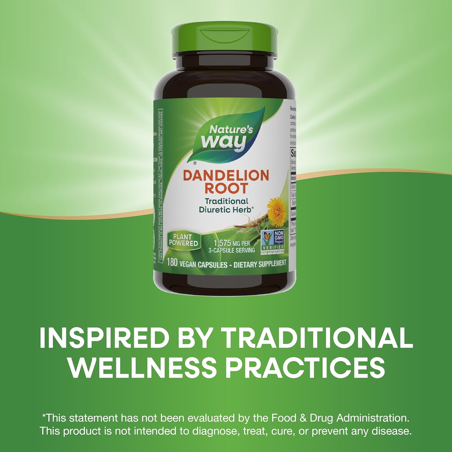 Nature'S Way Dandelion Root, Traditional Diuretic Herb*, Traditionally Used To Soothe Digestive Upset*, Vegan, 180 Capsules (Packaging May Vary)
