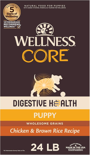 Wellness Core Digestive Health Dry Puppy Food With Wholesome Grains, Highly Digestible, For Dogs With Sensitive Stomachs, Made In Usa With Real Chicken (Puppy, 24-Pound Bag) (Packaging May Vary)