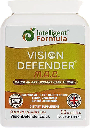 Vision Defender Lutein, Zeaxanthin & Meso-Zeaxanthin Eye Supplement Mac Vegan/Vegetarian Antioxidant Carotenoids For Eyes (90 Capsules/One Capsule Daily) Made In Uk