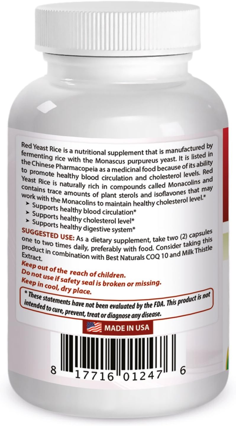 Best Naturals, Red Yeast Rice, 600 Mg Capsules, 120 Capsules, 2 Capsules Per Serving/1200Mg Per Serving : Health & Household
