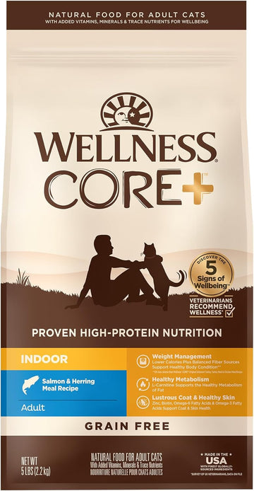 Wellness Core+ Natural Grain-Free, High Protein Adult Dry Cat Food, Salmon And Herring Meal, Indoor Recipe, 5 Pound Bag