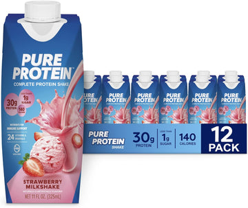 Pure Protein Strawberry Protein Shake, 30G Complete Protein, Ready To Drink And Keto-Friendly, Vitamins A, C, D, And E Plus Zinc To Support Immune Health, 11Oz Bottles, 12 Pack