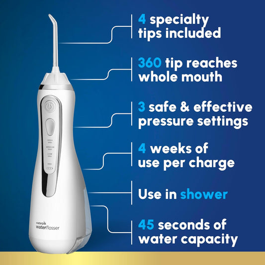 Waterpik Cordless Advanced 2.0 Water Flosser For Teeth, Gums, Braces, Dental Care With Travel Bag And 4 Tips, Ada Accepted, Rechargeable, Portable, And Waterproof, White Wp-580, Packaging May Vary