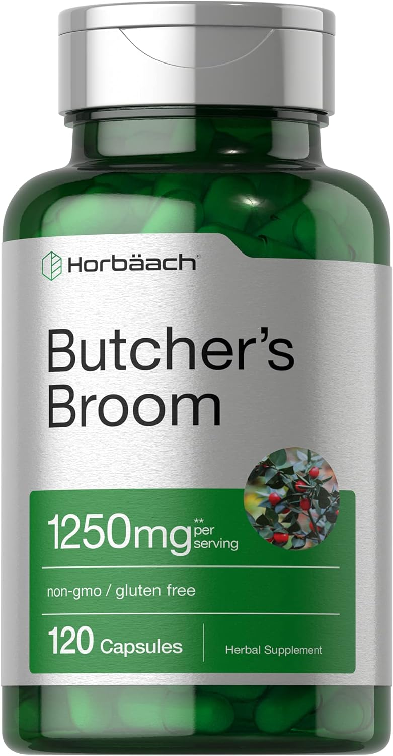 Horbaach Butchers Broom Capsules 1250mg | 120 Count | Non-GMO, Gluten Free | Traditional Herb Root Extract Supplement