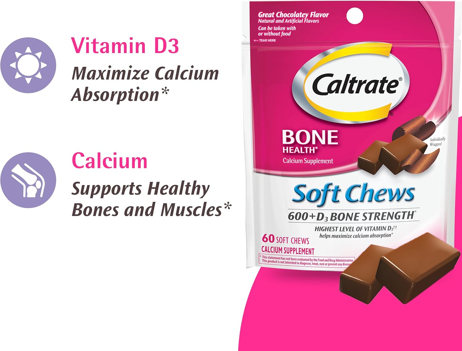 Caltrate Soft Chews 600 Plus D3 Calcium Vitamin D Supplement, Chocolate Truffle - 60 Count : Health & Household