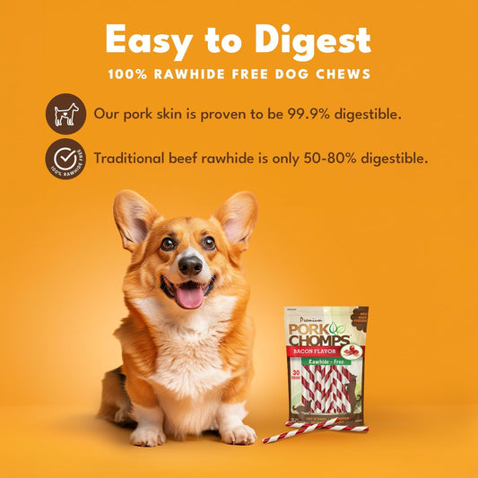 Pork Chomps Baked Pork Skin Dog Chews, 5-Inch Mini Twists, Bacon Flavor Wrap, 30 Count