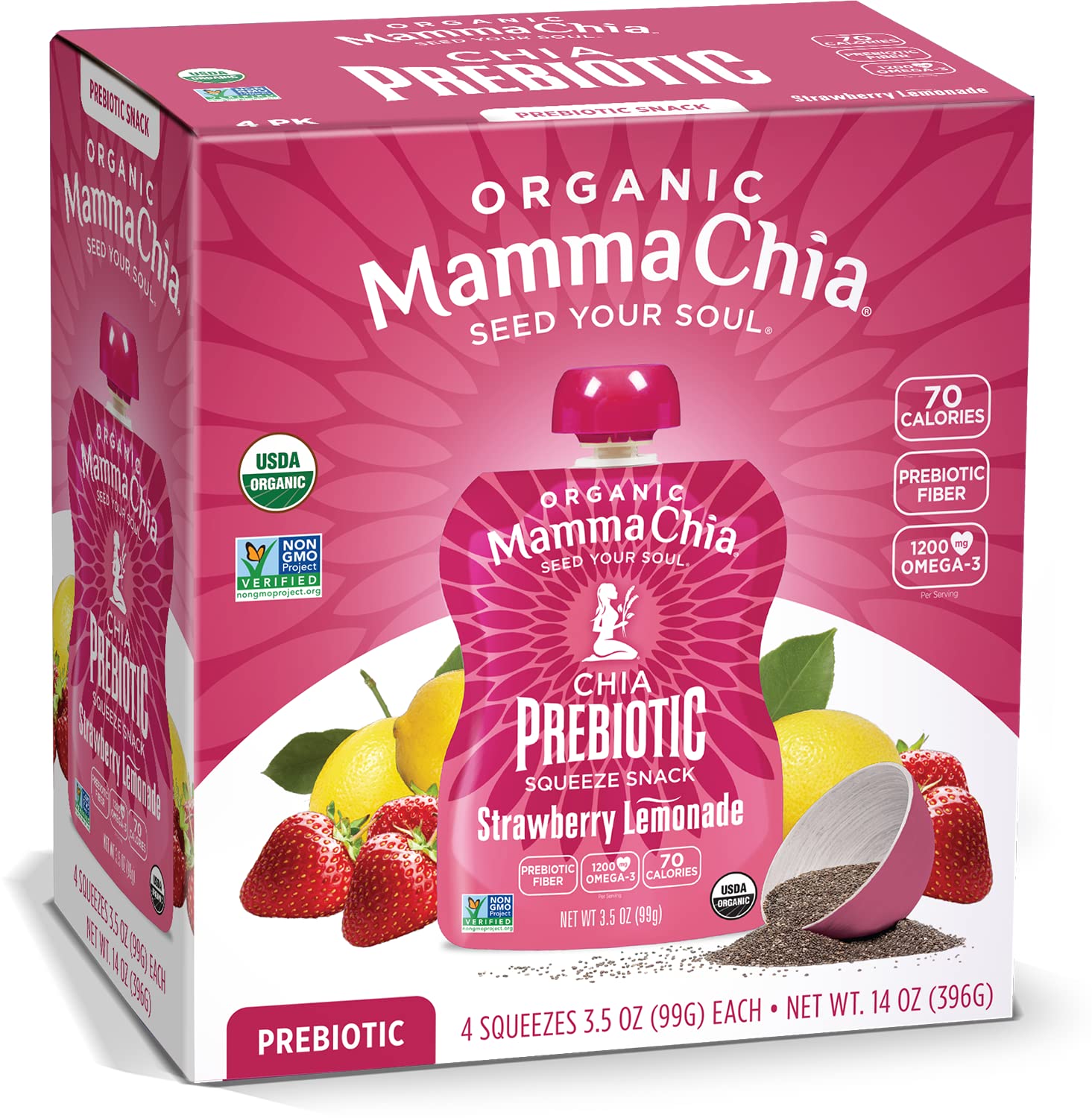 Mamma Chia Organic Prebiotic Squeeze Snack, Strawberry Lemonade, Fiber-Rich Prebiotic Gut Support, USDA Organic, Non-GMO, Vegan, Gluten Free,3.5 Ounce (Pack of 24)