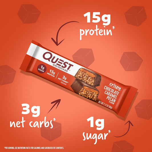 Quest Nutrition Crispy Chocolate Caramel Pecan Hero Protein Bar, 15G Protein, 1G Sugar, 3G Net Carb, Gluten Free Protein Snack, Keto Friendly, 12 Count