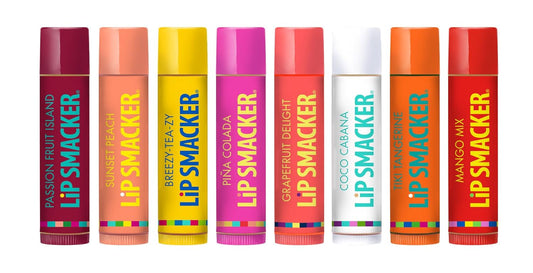 Lip Smacker Flavored Lip Balm Tropic Fever Pack of 8, Passion Fruit, Peach, Breezey-Teazey, Pina Colada, Grapefruit, Coca Cabana, Tangerine, Mango, Clear