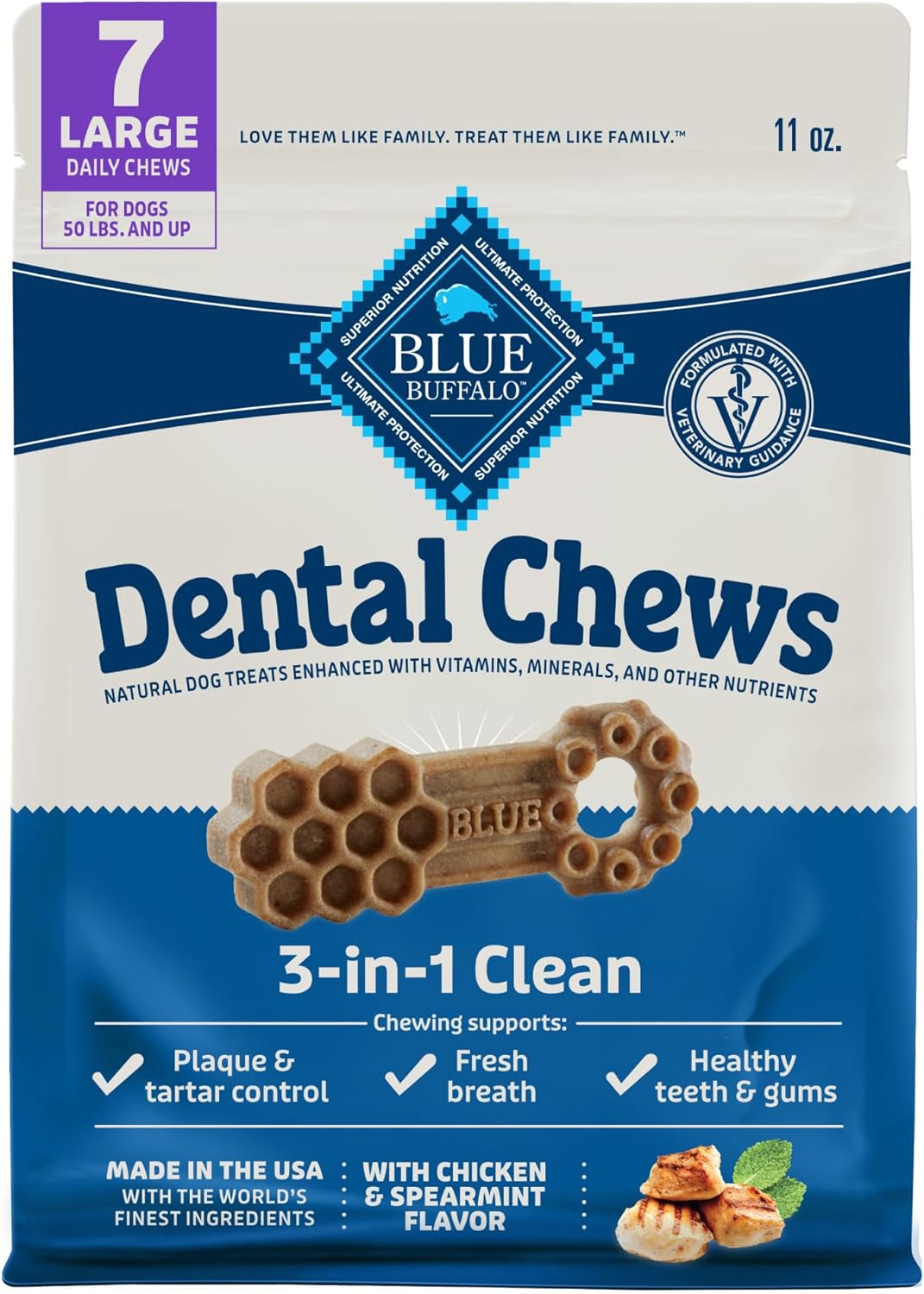 Blue Buffalo Dental Chews Large Natural Dog Treats, Chicken & Spearmint 11-Oz Bag (7 Count)