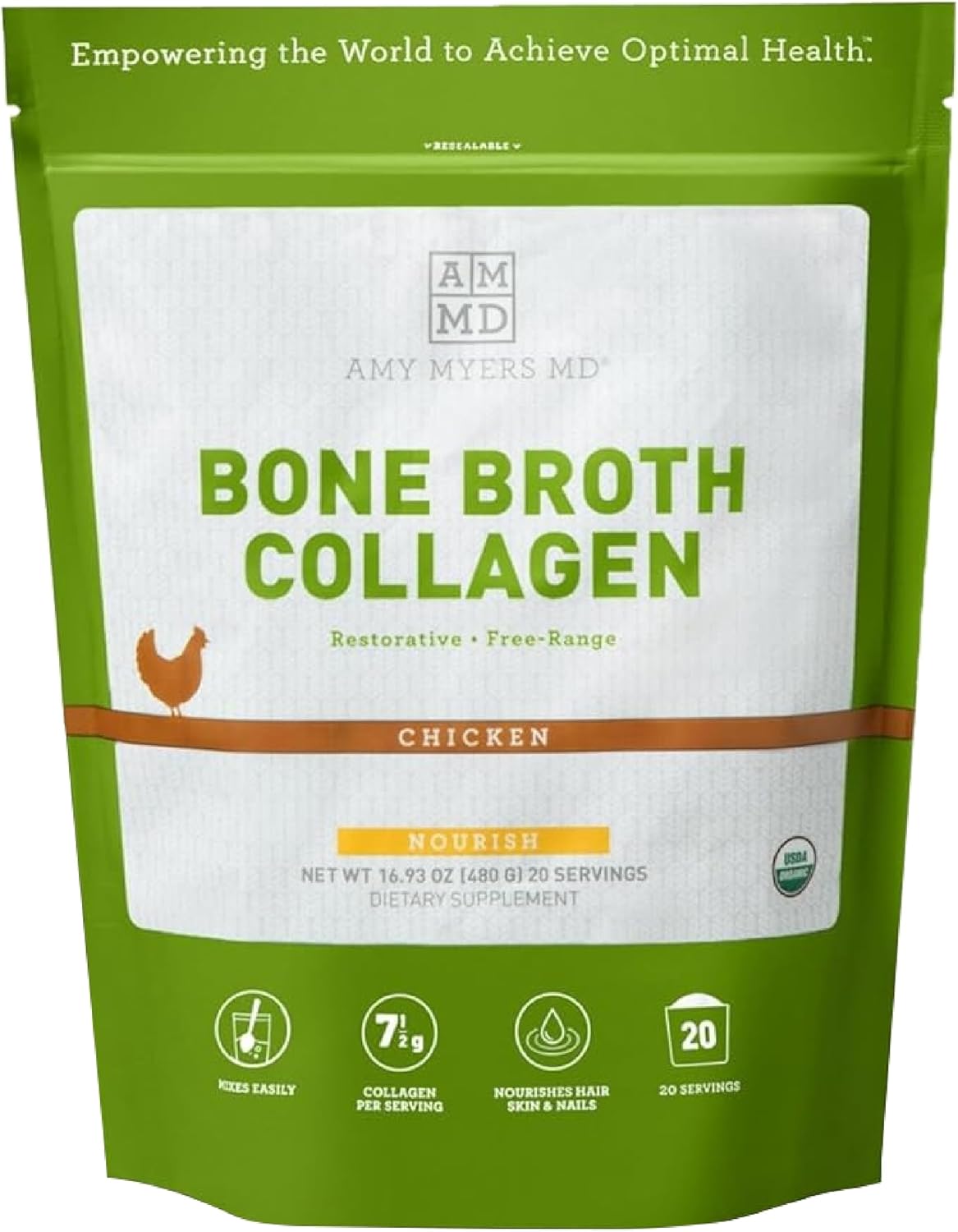 Dr Amy Myers Bone Broth Collagen Powder - Type Ii Collagen Protein Powder From Organic Chicken Bone Broth - Supports Hair, Skin, Nails, Bones & Joints Health - Keto Friendly, 20 Servings (Chicken)
