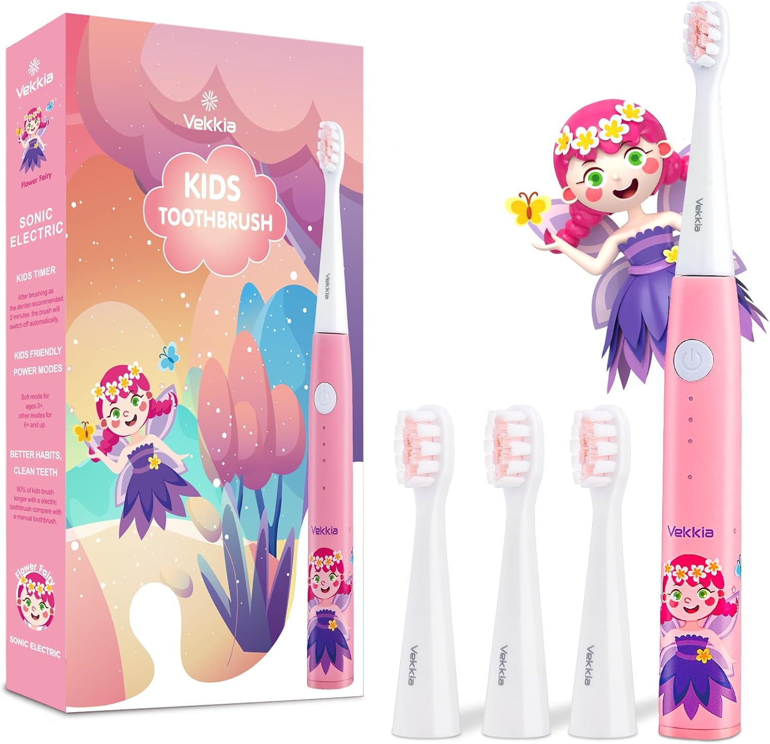 Vekkia Kids Electric Toothbrushes, Kids Toothbrush with 3 Modes and 2-Min Time for Age 3+, IPX7 Waterproof, 4 Soft Bristles(Flower Fairy)