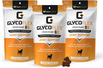VetriScience Glycoflex 3 Clinically Proven Hip and Joint Supplement for Dogs - Maximum Strength Dog Supplement with Glucosamine, MSM, Green Lipped Mussel & DMG - 3 Pack (120 Chews Each)?