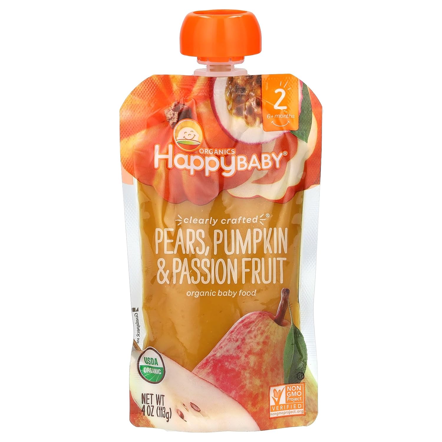 Happy Baby Organics Stage 2 Baby Food Pouches, Gluten Free, Vegan & Healthy Snack, Clearly Crafted Fruit & Veggie Puree, Pears Pumpkin & Passion Fruit, 4 Ounces (Pack Of 1)