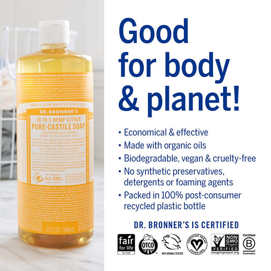 Dr. Bronner’s - Pure-Castile Liquid Soap (Citrus, 1 Gallon) - Made with Organic Oils, 18-in-1 Uses: Face, Body, Hair, Laundry, Pets and Dishes, Concentrated, Vegan, Non-GMO