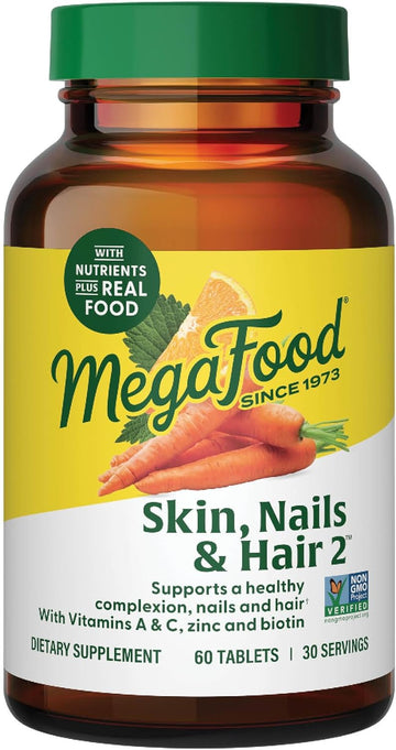 Megafood Skin, Nails & Hair 2 - For Women & Men - Biotin, Vitamin A, C, Zinc, Vitamin B6, E, Pantothenic Acid - Vegan - Made Without 9 Food Allergens - 60 Tabs (30 Servings)