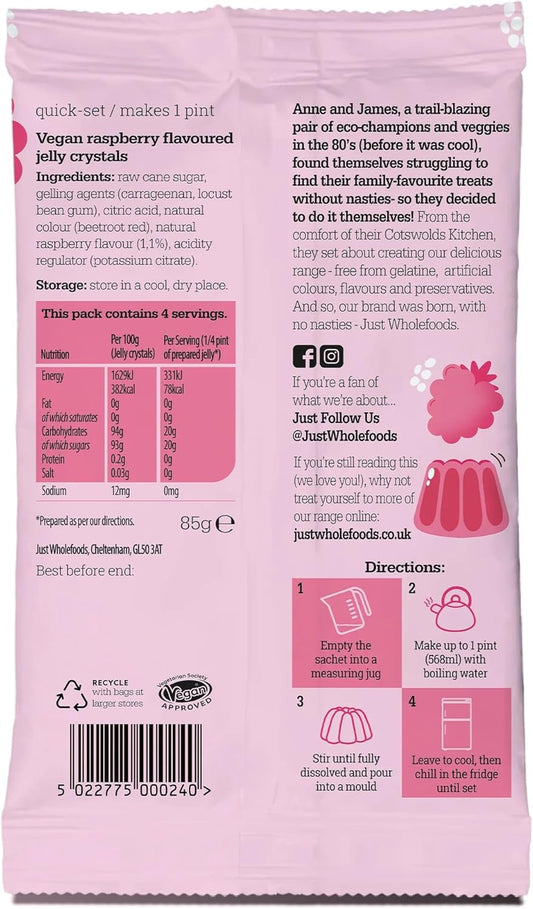 Just Wholefoods Vegan Jelly 12 X 85G | Gluten Free, Quick Set, Gelatine Free | Free From Artificial Colours And Flavouring | Makes 12 Pints Of Jelly (Raspberry)