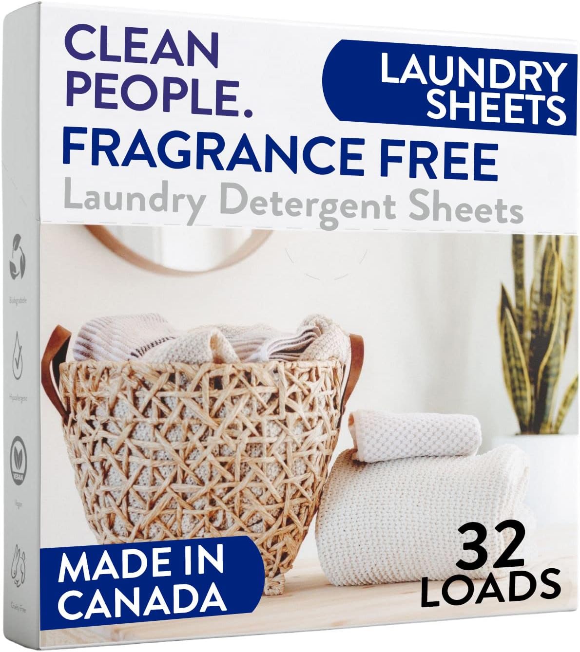 The Clean People Fragrance Free Laundry Detergent Sheets - Hypoallergenic Laundry Soap - Ultra Concentrated, Recyclable Packaging, Stain Fighting - Fragrance Free, 32 Pack