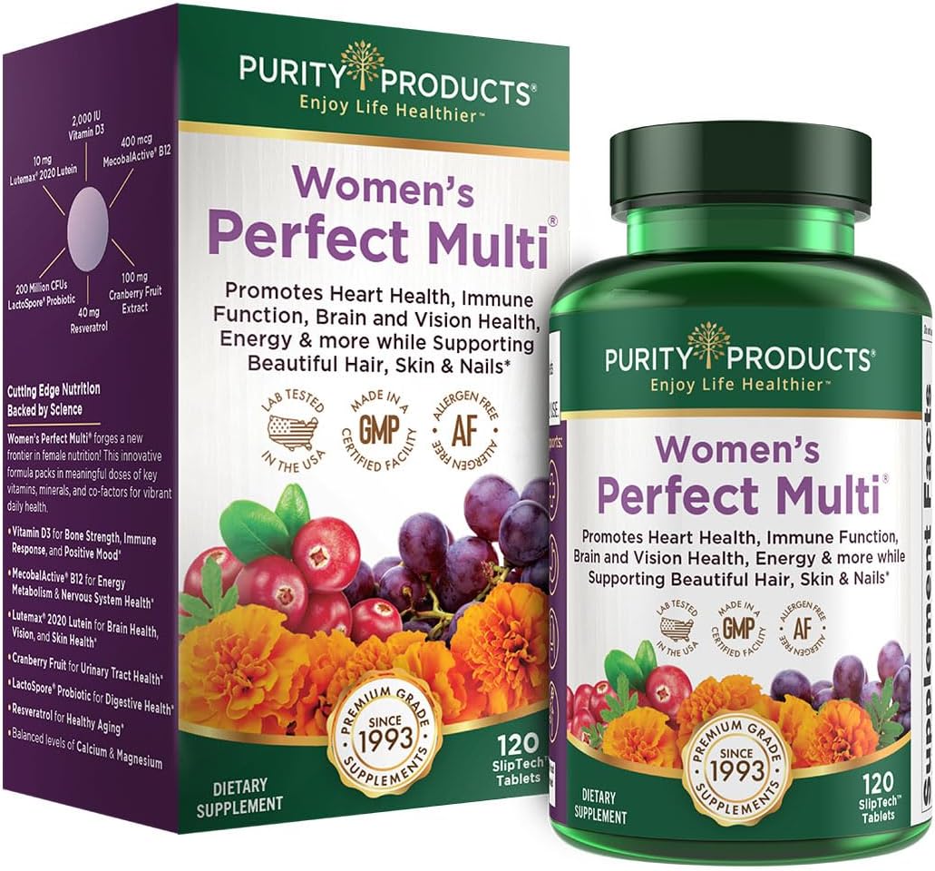Purity Products Women?s Perfect Multi Balanced Multivitamin - Supports Urinary Tract Health, Immune, Bone + Muscle, Hair, Skin, Nails, an Elite Probiotic for Digestive Health + More - 120 Tablets