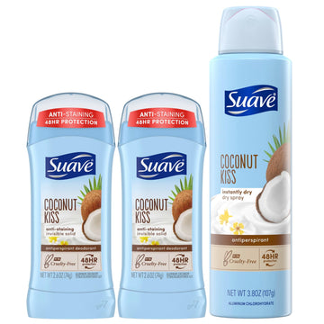 Suave Deodorant For Women, Coconut Kiss Bundle – Invisible Solid Antiperspirant Deodorant Stick 2-Pack + Antiperspirant Dry Spray, 48H Protection