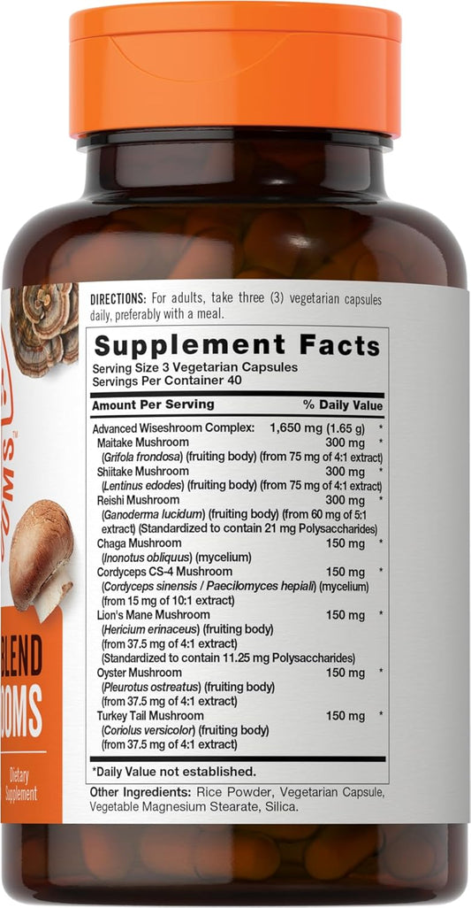 Carlyle Mushroom Complex Capsules | 1650Mg | 120 Count | 8 In 1 Blend | Vegetarian, Non-Gmo, Gluten Free Supplement | Wiseshrooms