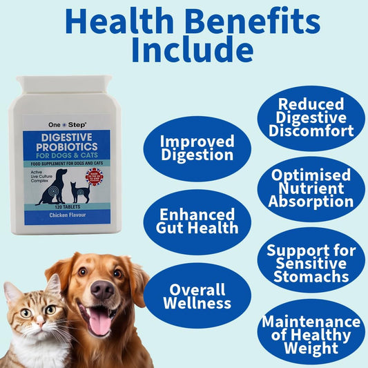 One Step: Probiotics For Dogs & Cats, 120 Tablets, Supports Gut Health, Wellness, Digestion, Immune System - Chicken Flavoured