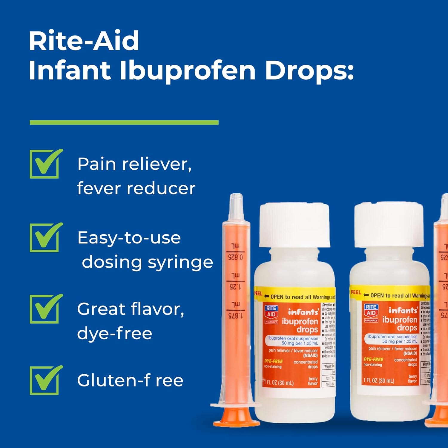 Rite Aid Infants' Dye-Free Ibuprofen Drops, Berry Flavor, 50 mg - 2 Value Pack | Infant Pain Reliever | for Babies Ages 6 to 23 Months | Oral Suspension 50 mg per 1.25 mL | Gluten Free : Health & Household