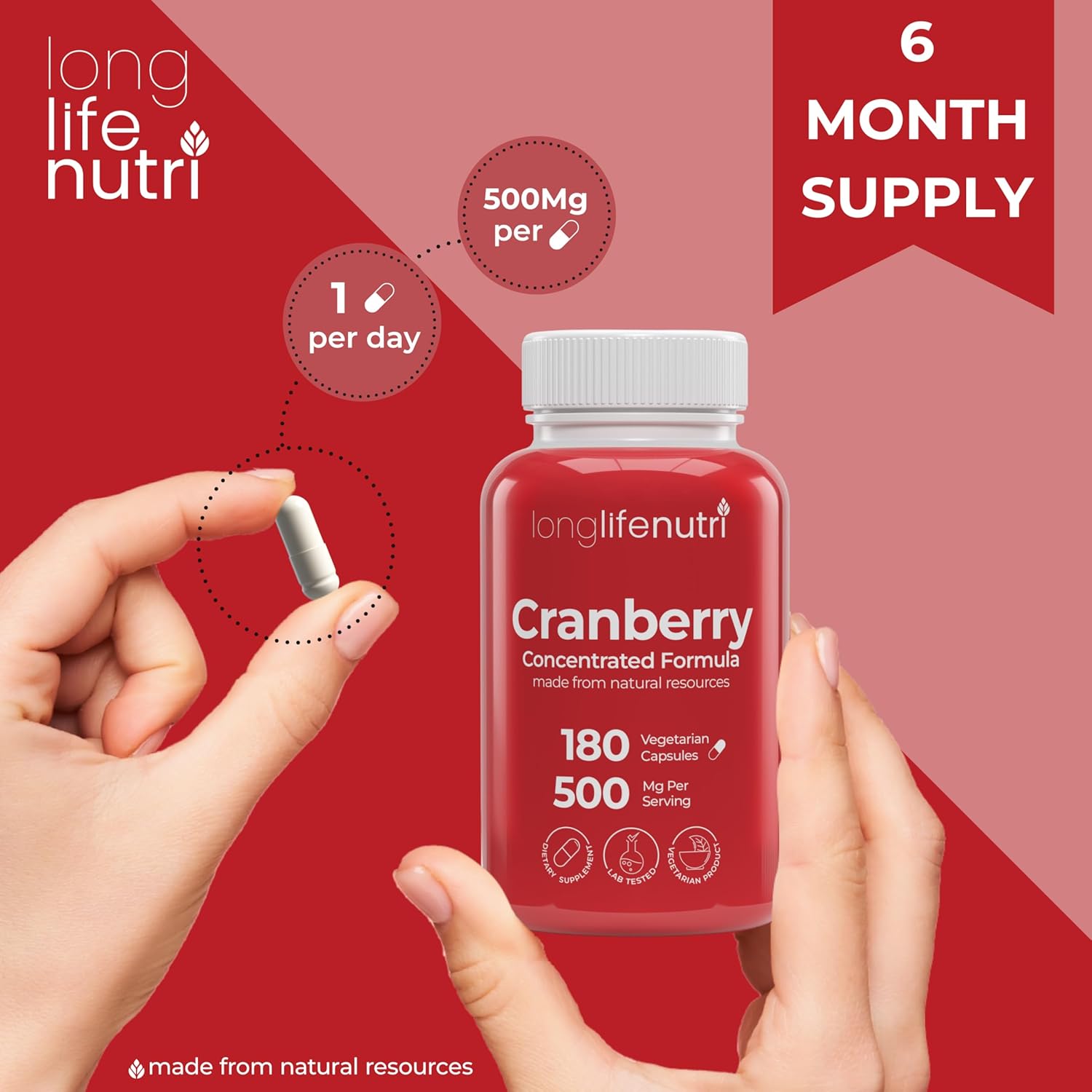 Longlifenutri Cranberry Extract With Vitamin C & E - Pure Concentrated Formula, 500Mg Per Serving, 180 Vegetarian Capsules, Urinary Tract Health & Bladder, 6 Month Supply, Made In Usa : Health & Household