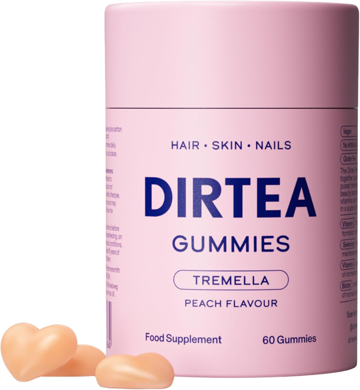 Dirtea Tremella Mushroom Gummies With Biotin & Vitamin C - Hair, Nail & Skin Supplement - Vegan, Natural, Sugar-Free - 1 Month'S Supply - 3,000Mg Tremella Per Serving - 60 Gummies - Peach Flavour