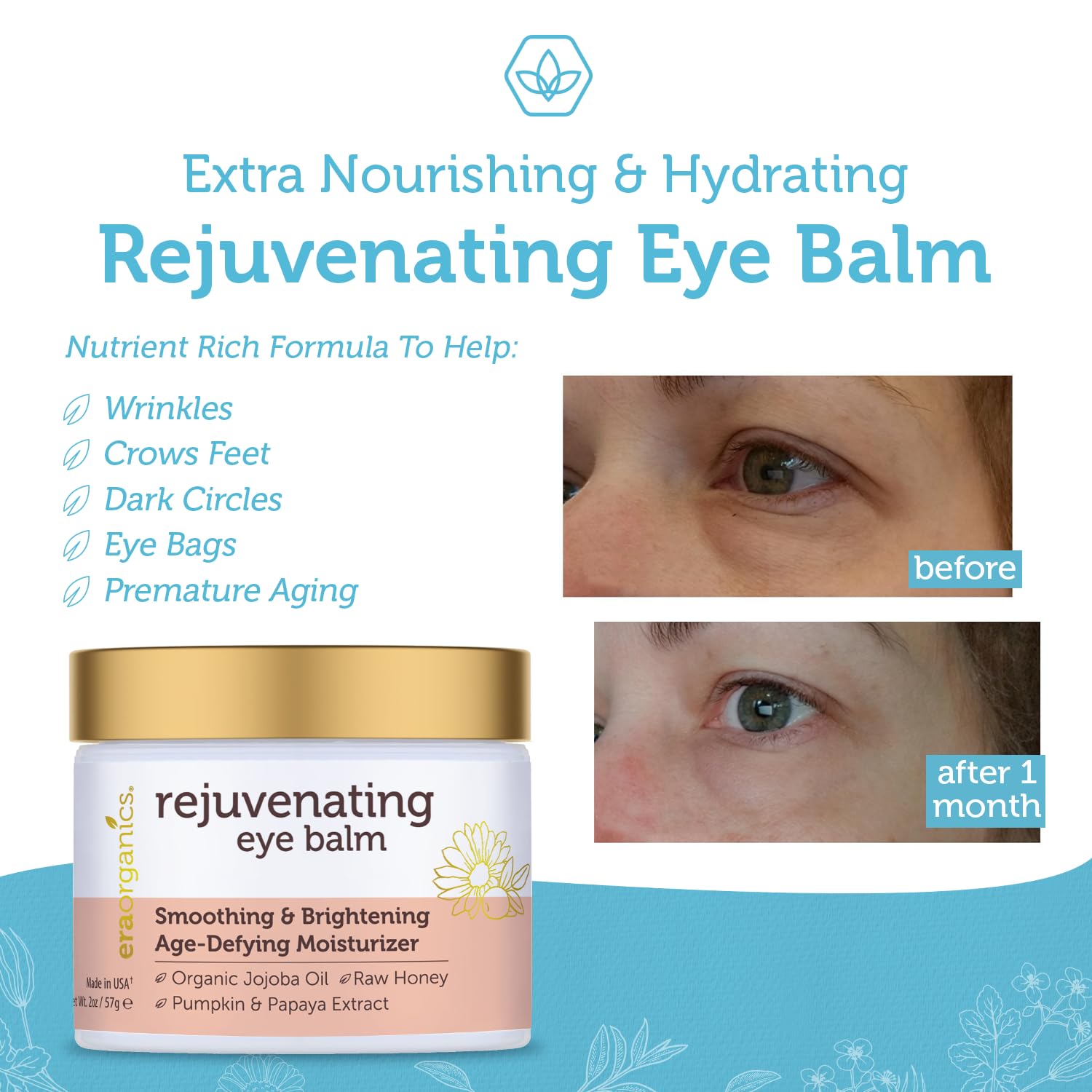 USDA Organic Eye Moisturizer Cream - Rejuvenating and Nourishing Age Defying Under Eye Balm - Natural Eye Cream for Sensitive Skin With Jojoba Oil, Agran Oil for Puffiness, Fine Lines and More : Beauty & Personal Care