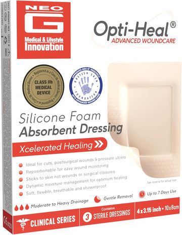 Opti-Heal Silicone Foam Absorbent Dressing - Neo G Sterile Large Wound Dressings Adhesive For Pressure Sores, Ulcer Treatment, Burns, Surgical Wounds - 10X8 Cm 3 Pcs