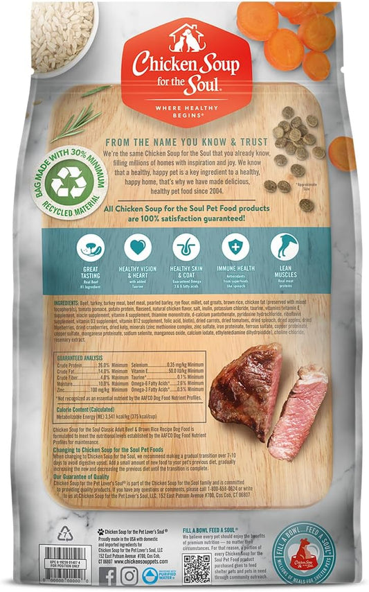 Chicken Soup for the Soul Pet Food - Adult Dog - Beef & Brown Rice Recipe 13.5lbSoy Free, Corn Free, Wheat Free Dry Dog Food Made with Real Ingredients No Artificial Flavors or Preservatives