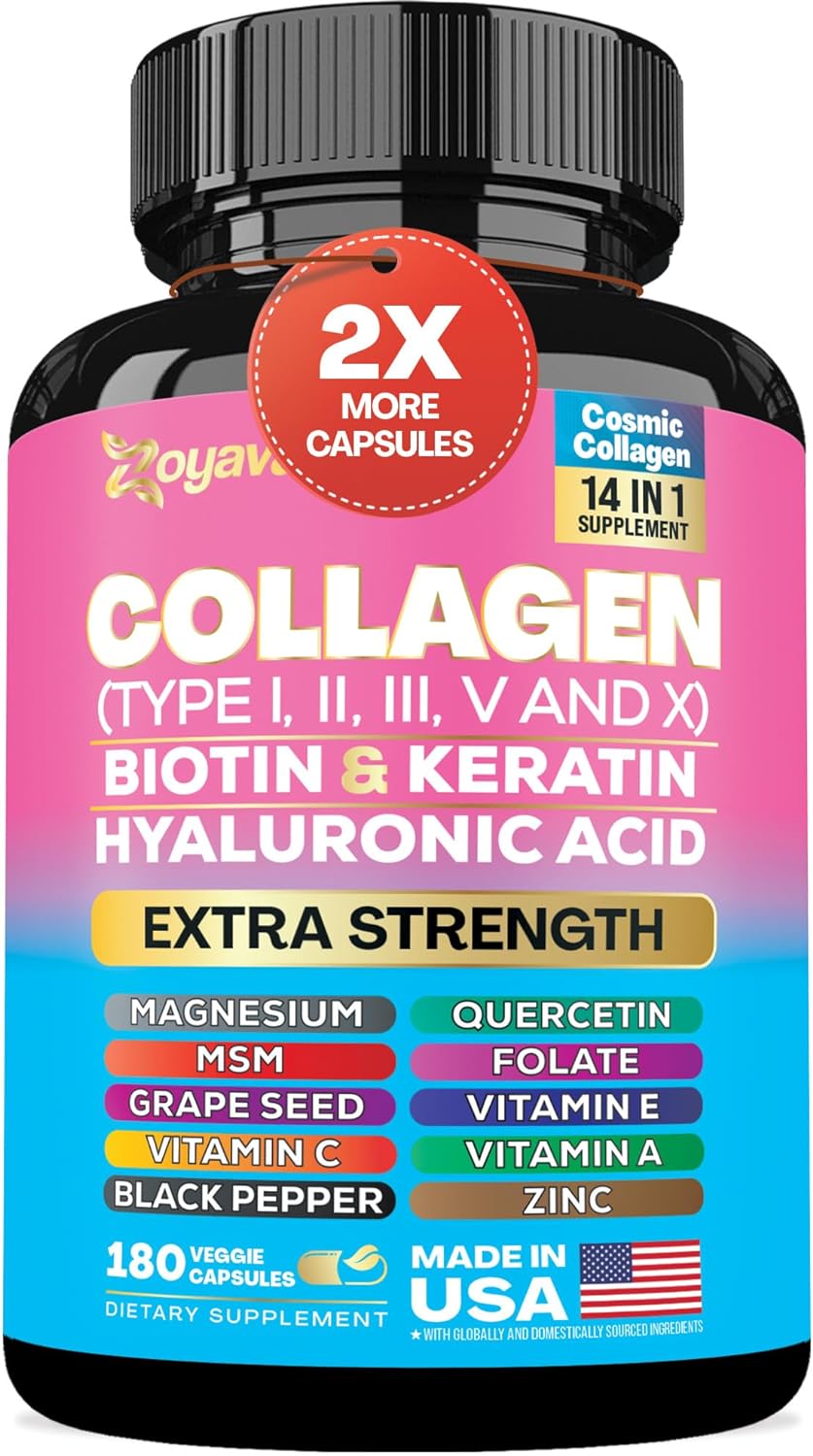 Collagen Pills Peptides Types I, II, III, V & X Biotin Keratin Hyaluronic Acid MSM Vitamin A Vitamin C Vitamin E Folic Acid Zinc Magnesium with Grape Seed Extract, Quercetin (180 Caps)