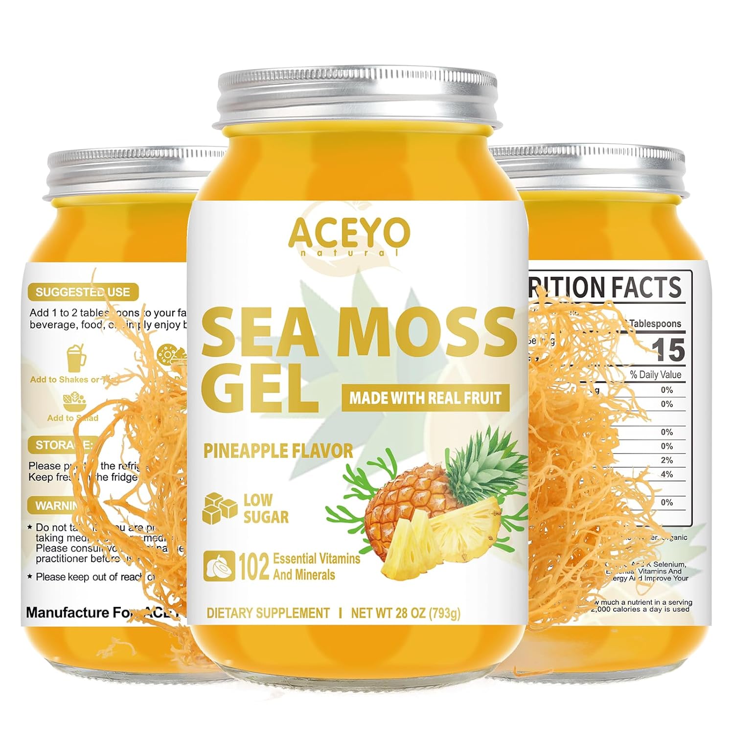 (28 Oz) Sea Moss Gel Organic Raw Flavored Irish Seamoss Gel Natural Vegan Pineapple 102 Vitamins And Minerals Wild Harvested Non-Gmo Immune Defense Booster Thyroid Digestive Support Supplement