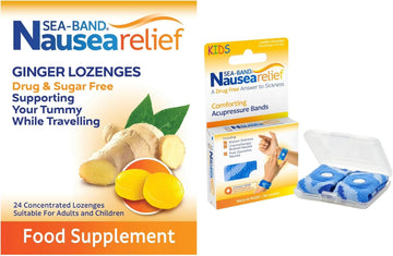 Sea-Band Travel & Motion Sickness And Nausea Relief, Sugar Free Ginger Lozenges And Kids Acupressure Wristband Bundle, (1 X Pack Of Ginger Lozenges, 24 Capsules, 1 X Pair Of Kids Blue)
