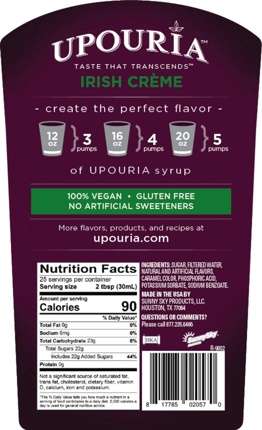 Upouria Irish Crème Coffee Syrup Flavoring, 100% Vegan, Gluten Free, Kosher, 750 mL Bottle - Coffee Syrup Pump Included