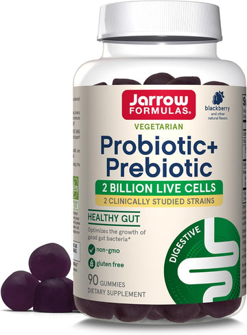 Jarrow Formulas Probiotic+ Prebiotic 2 Billion Live Cells Supplement, Digestive Health And Immune Support, 90 Blackberry Flavor Probiotic+ Prebiotic Gummies, 45 Day Supply