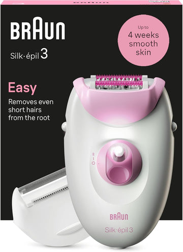 Braun Silk-Épil 3, Corded Epilator For Hair Removal, Weeks Of Smooth Skin, With Lady Shaver Head & Trimmer Comb, 3-031, Pink