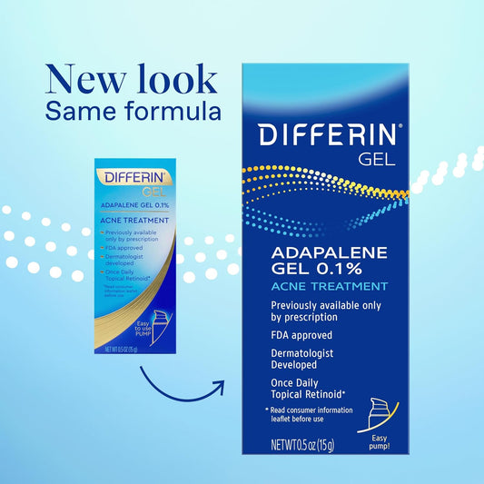 Differin Acne Treatment Gel, 30 Day Supply, Retinoid Treatment For Face With 0.1% Adapalene, Gentle Skin Care For Acne Prone Sensitive Skin, 15G Pump (Packaging May Vary)