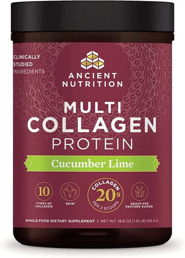 Ancient Nutrition Collagen Powder Protein, Multi Collagen Protein, Cucumber Lime, Hydrolyzed Collagen Peptides Supports Skin And Nails, Joint Supplement, 18.6Oz