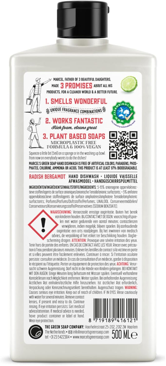 Marcel'S Green Soap - Washing Up Liquid Radish & Bergamot - Dishwashing Liquid - Vegan - Recycled Plastic - 97% Biodegradable - 500 Ml